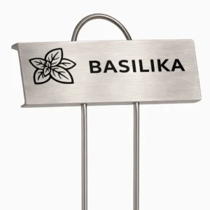 Växtskylt i rostfritt stål märkt Basilika för kryddodling