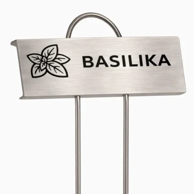 Växtskylt i rostfritt stål märkt Basilika för kryddodling