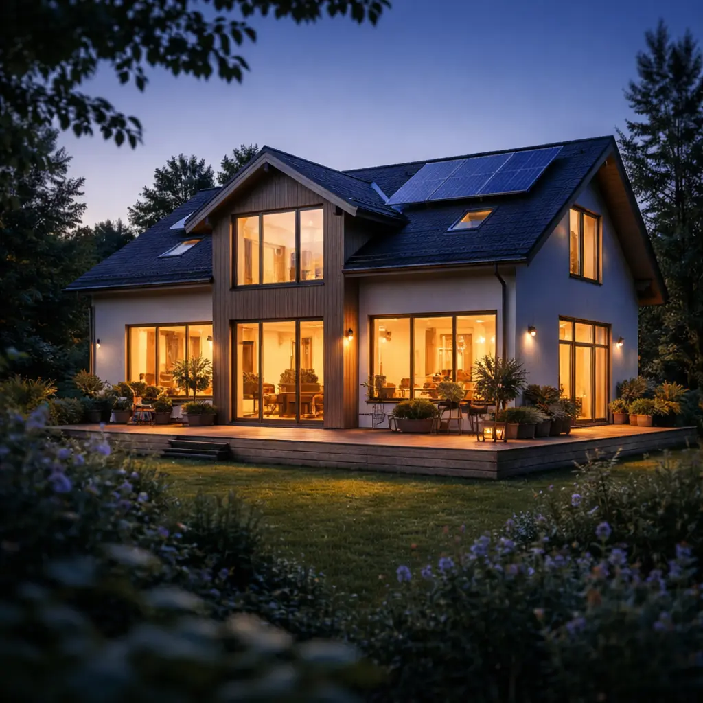 Modern villa med solpaneler och energieffektiv belysning i kvällsljus
