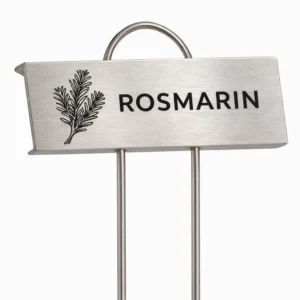 Växtskylt i rostfritt stål märkt Rosmarin för kryddodling