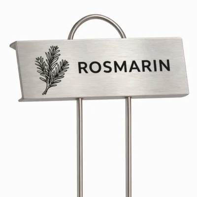 Växtskylt i rostfritt stål märkt Rosmarin för kryddodling