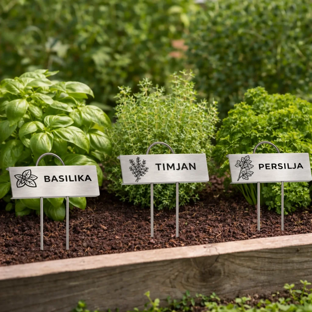 Växtskyltar i rostfritt stål för kryddor – basilika, timjan och persilja i kryddrabatt