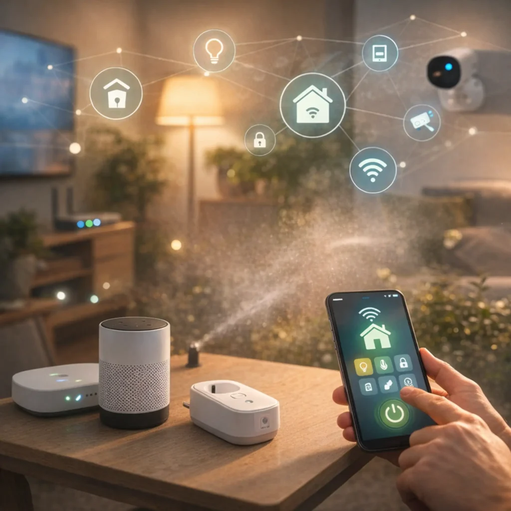 Modern villa med trädgård och automatiserad bevattning i kvällsljus som symboliserar smart hem och fjärrstyrning