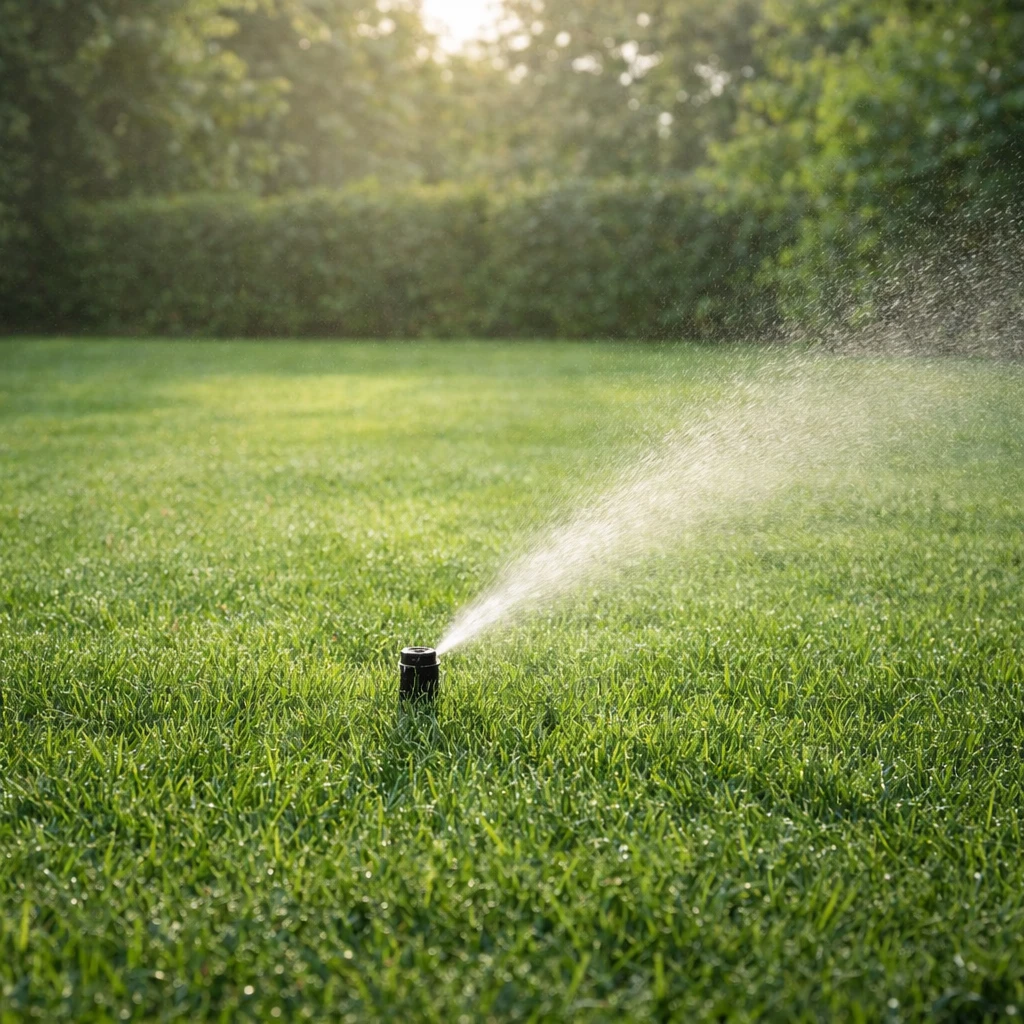 Popup-spridare som bevattnar gräsmatta i svensk villaträdgård i morgonljus.