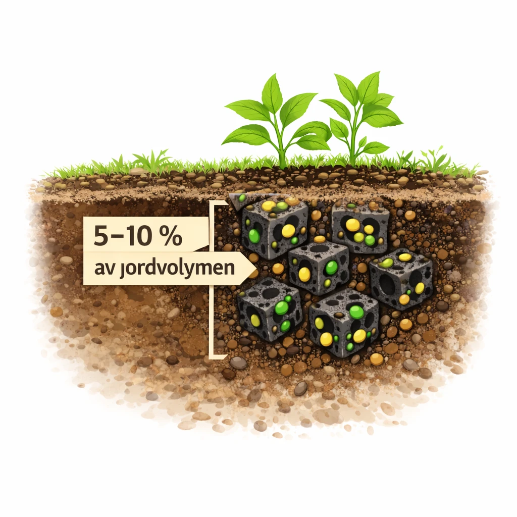 Illustration som visar hur laddad biokol används i en mängd motsvarande 5–10 procent av jordvolymen i planteringsyta.