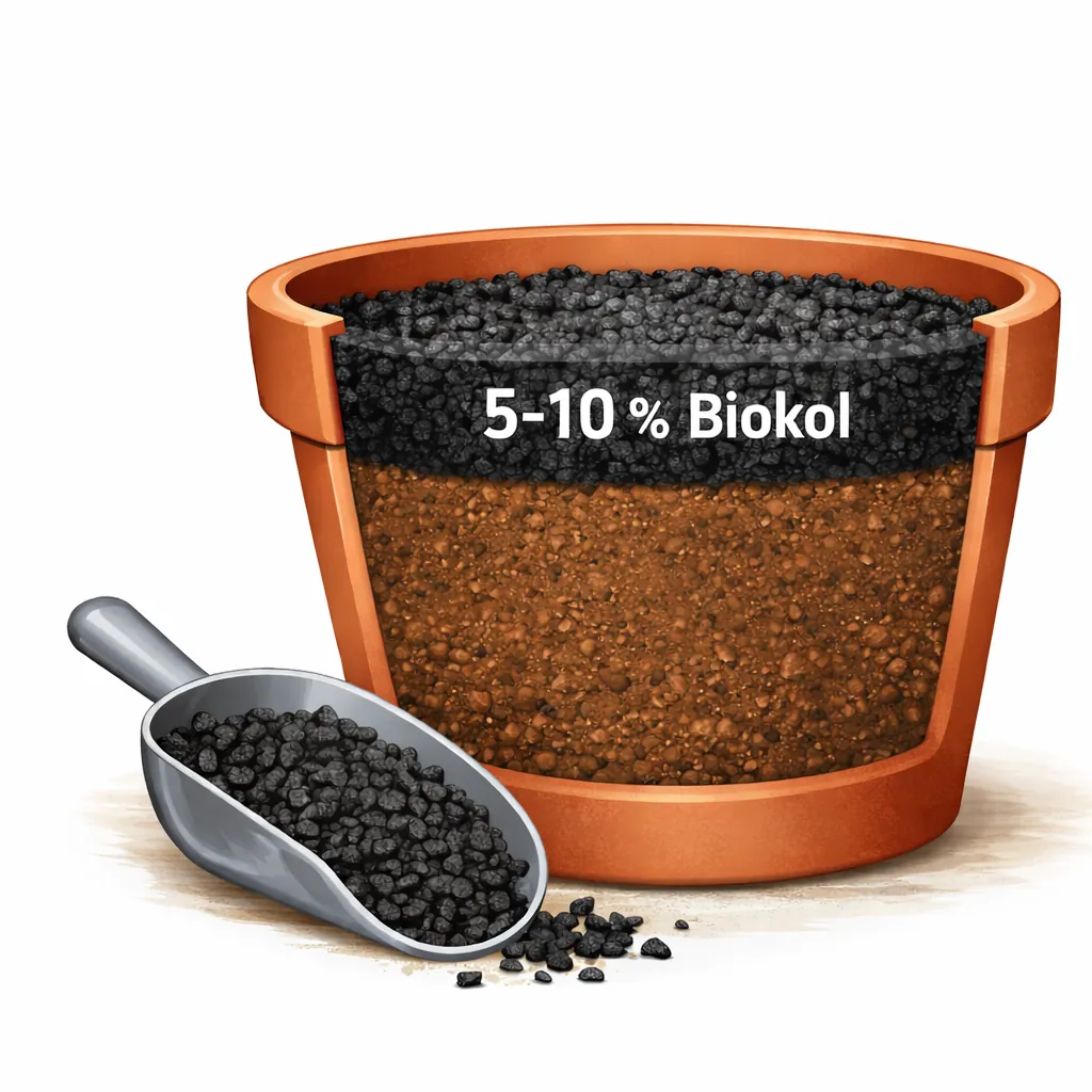 Illustration som visar hur 5–10 % biokol blandas i krukjord i en blomkruka