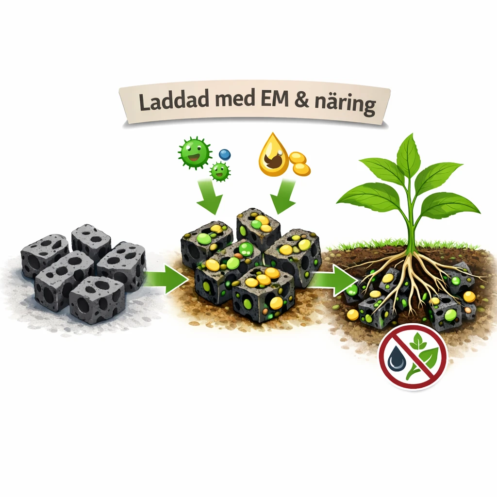 Illustration som visar biokol laddad med EM och hönsgödsel där porerna är fyllda med näring och mikroorganismer som ger växter näring direkt.