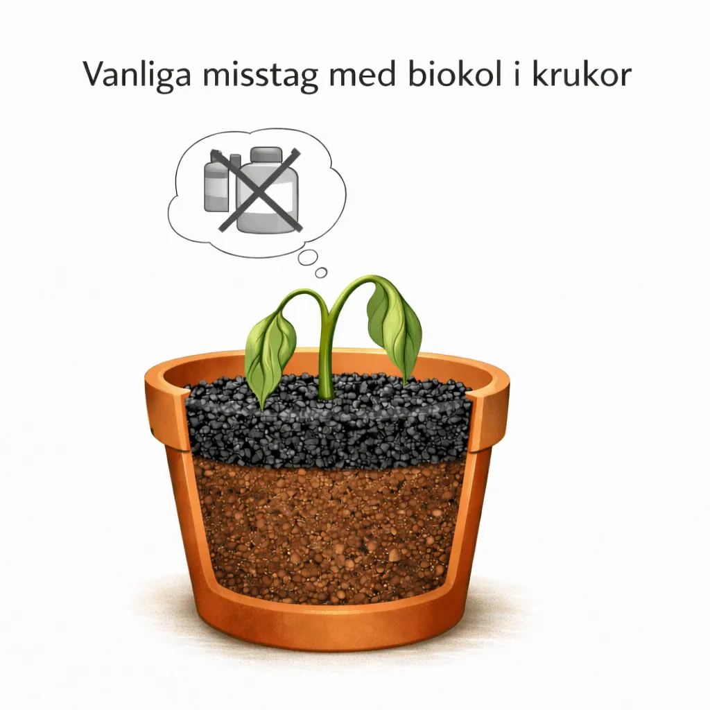 Illustration som visar vanliga misstag vid användning av biokol i krukor utan tillräcklig näring