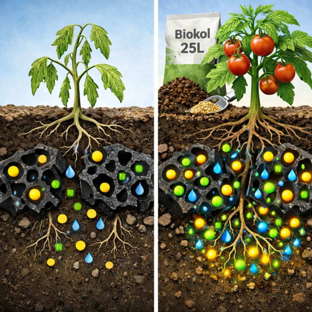 Delad illustration som visar oladdad biokol som binder näring jämfört med biokol kombinerad med näring, där växten får bättre tillgång till näring