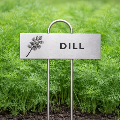 Rostfri växtskylt med gravyr DILL och dillikon placerad i frodig dillodling.