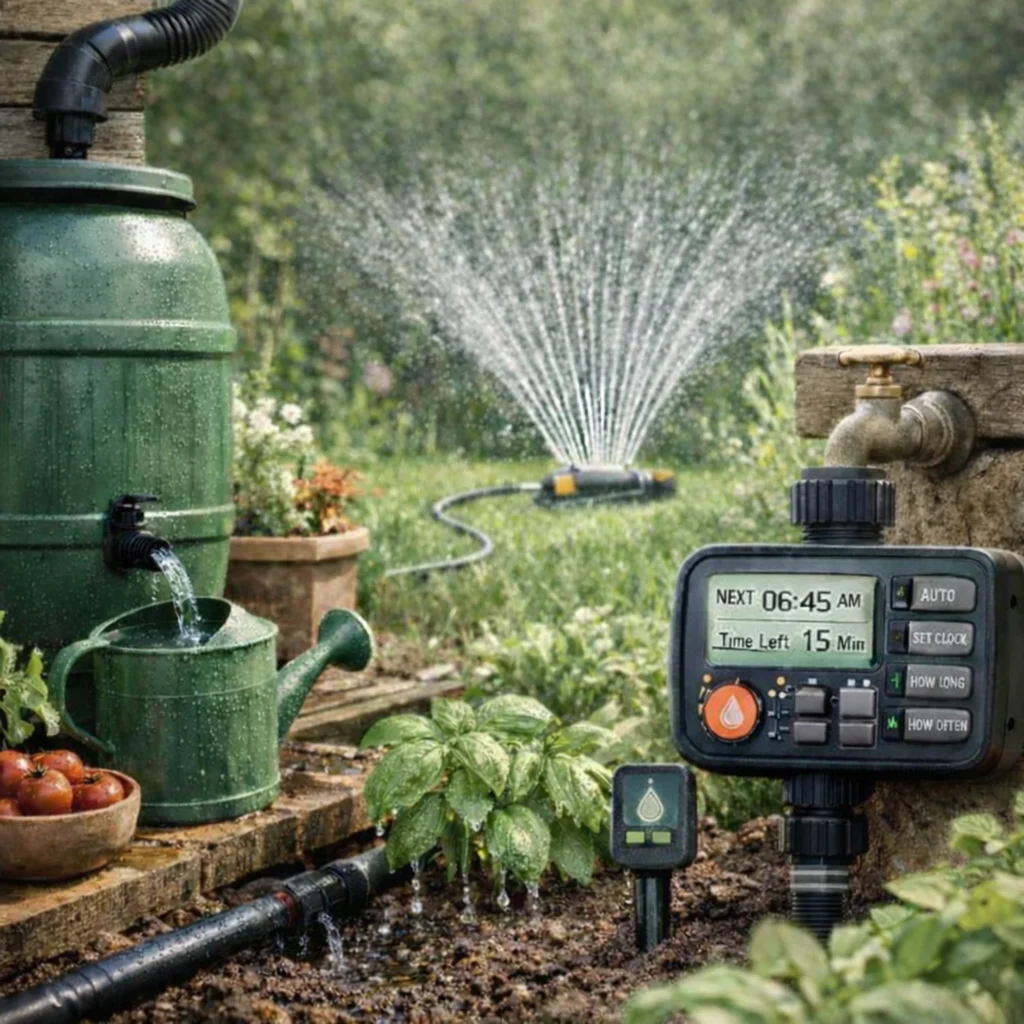 Popup-spridare som bevattnar gräsmatta med woodland-rabatt och hosta i bakgrunden under en solig dag.