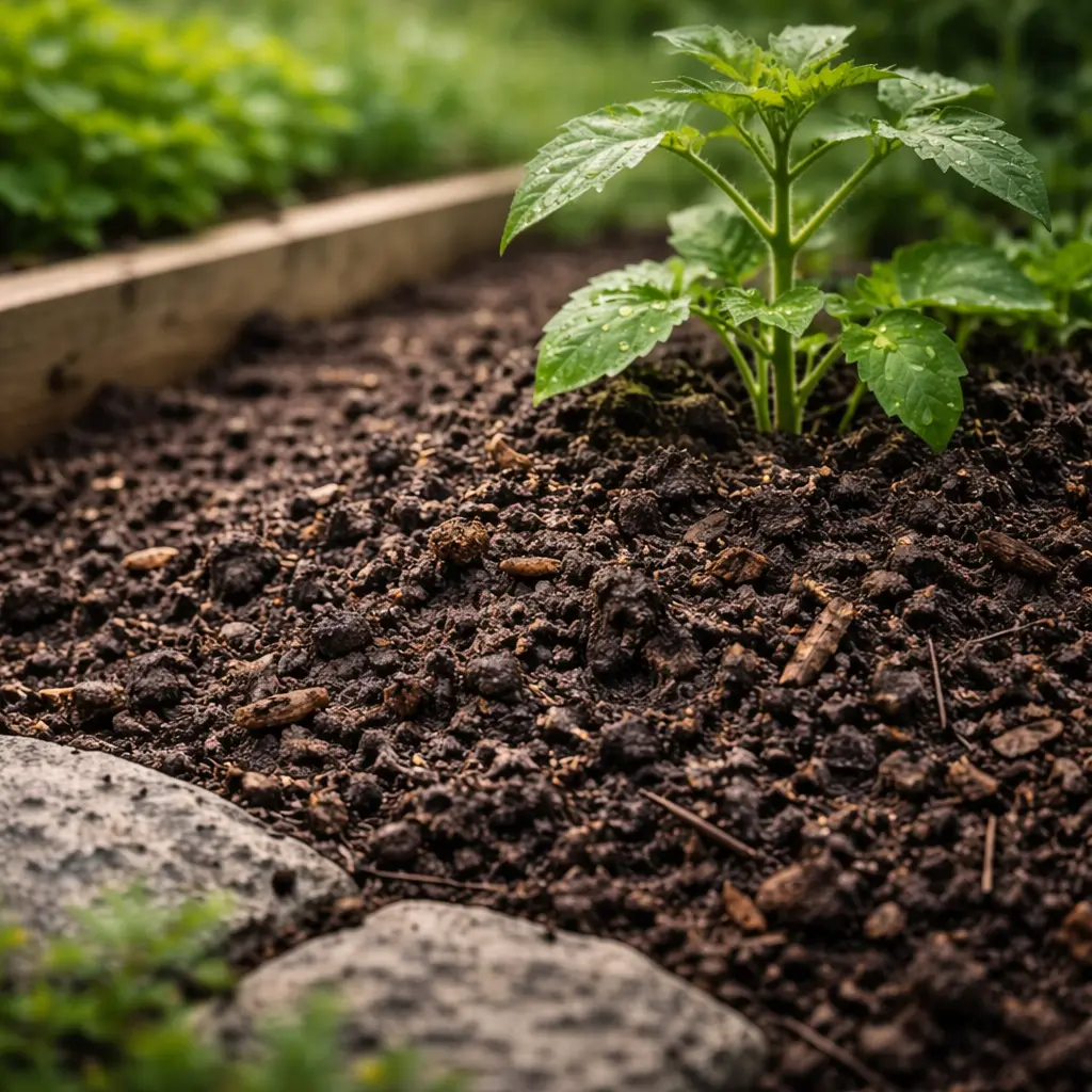 Näringsrik jord med ung planta i odlingslåda