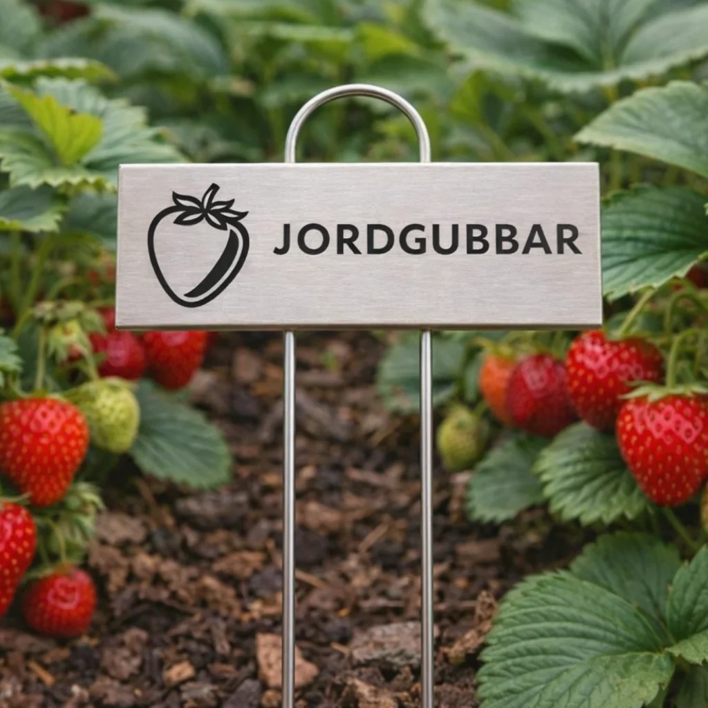 Rostfri växtskylt med texten Jordgubbar placerad i ett jordgubbsland med mogna röda bär.