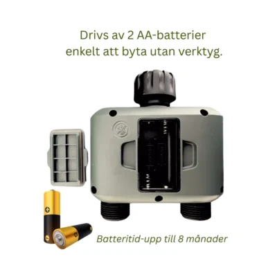 Bevattningstimer med öppet batterifack för 2 AA-batterier och batterisymbol