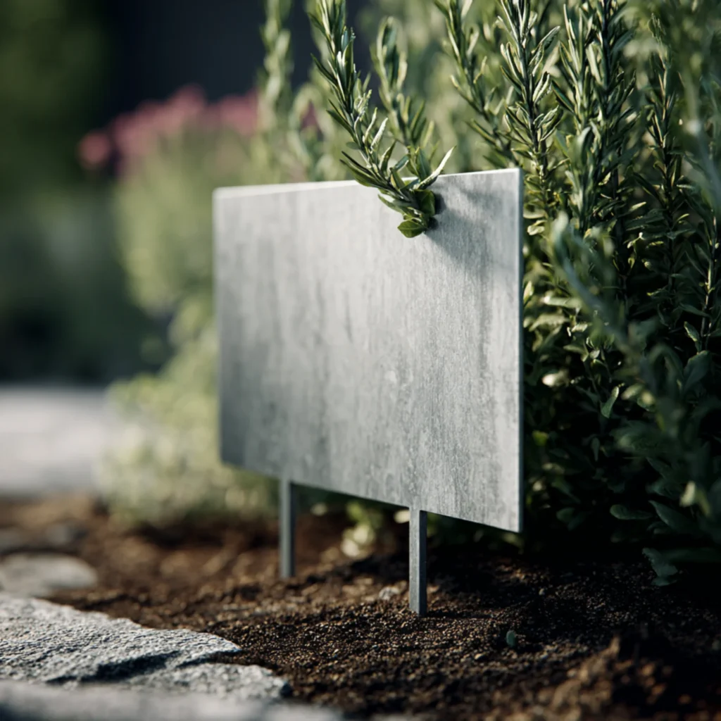 Rostfri växtskylt nedstucken i jord framför grön buske i trädgårdsrabatt