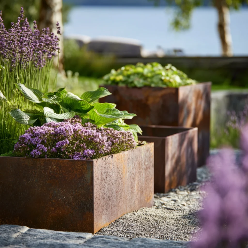 Rostfria växtskyltar i planteringslådor med Hosta och blommande växter