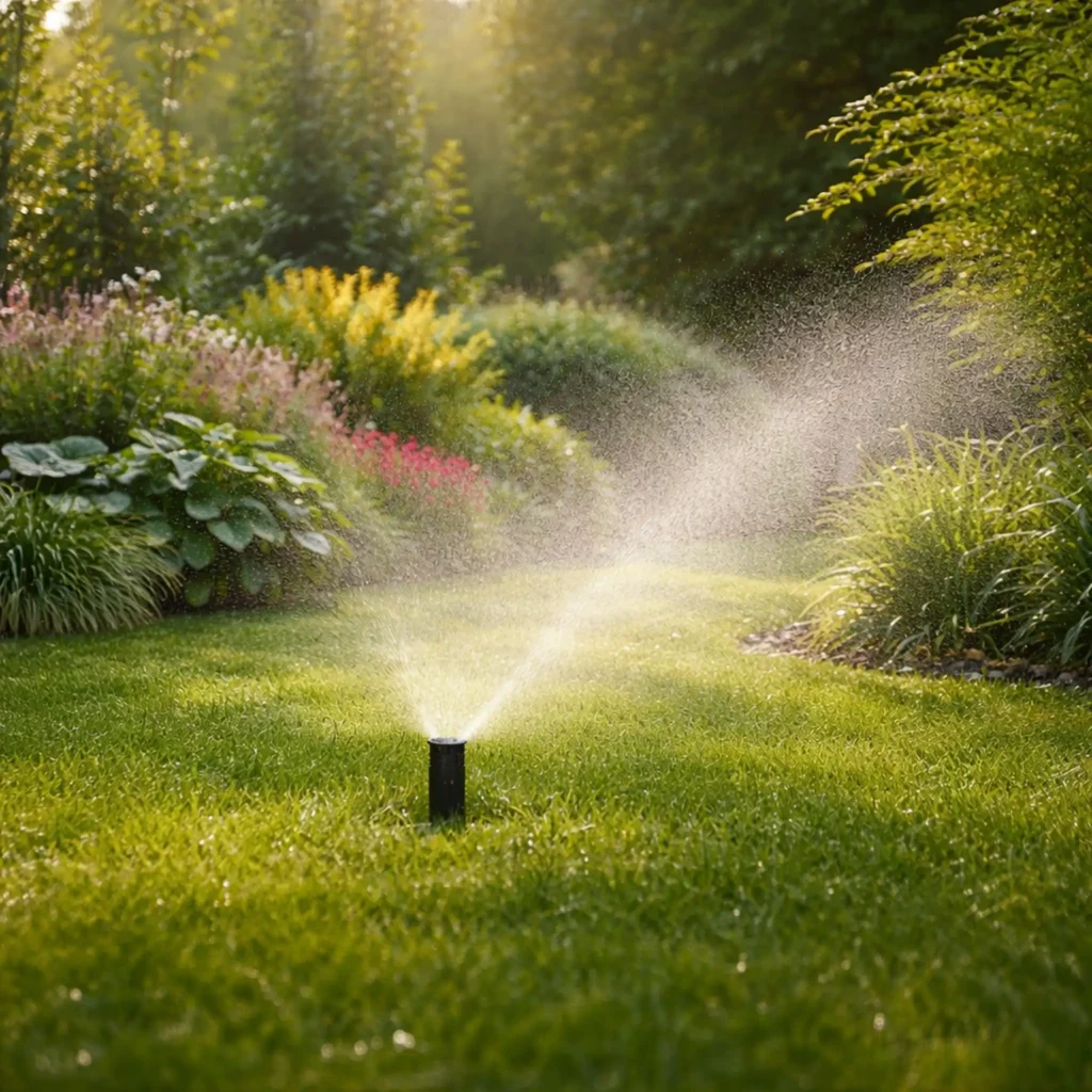 Smart bevattning i trädgård med gräsmatta och diskret vattendimma från nedgrävd spridare i kvällsljus.