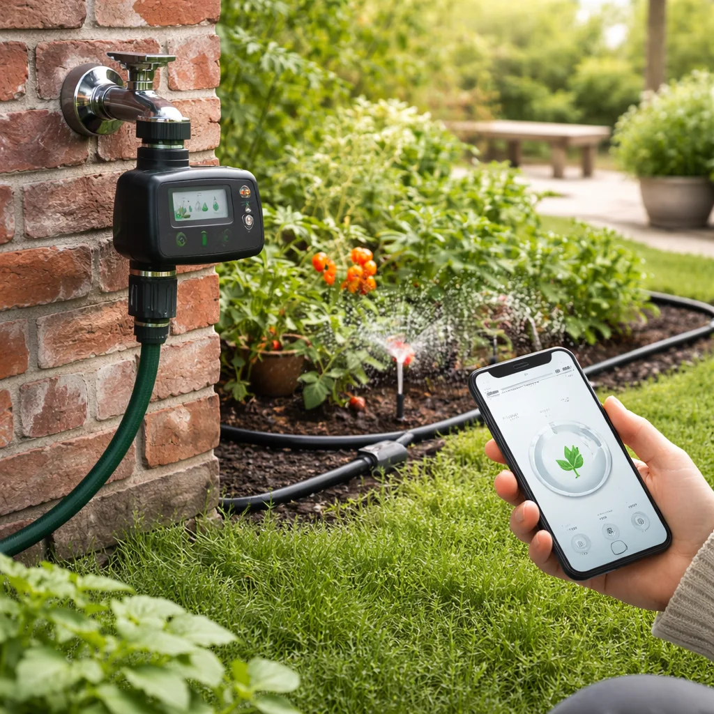 Smart bevattningstimer monterad på utomhuskran som styr trädgårdsbevattning via mobiltelefon i villaträdgård.