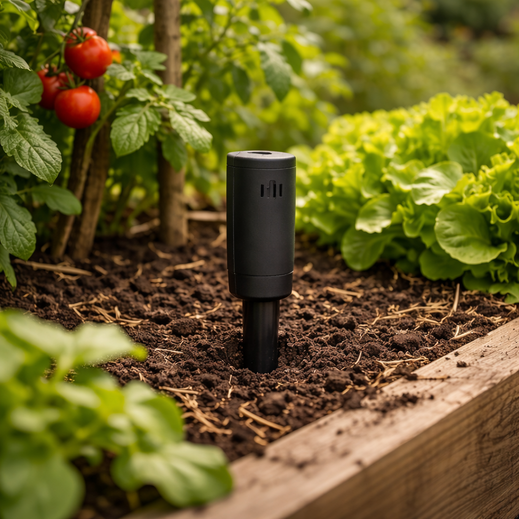 Jordfuktighetssensor i upphöjd odlingslåda med grönsaker