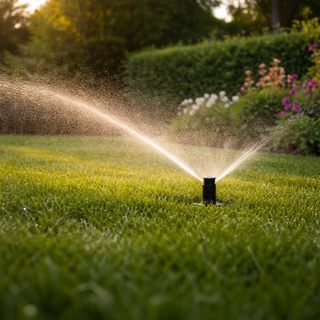 Popup-spridare som bevattnar gräsmatta i villaträdgård