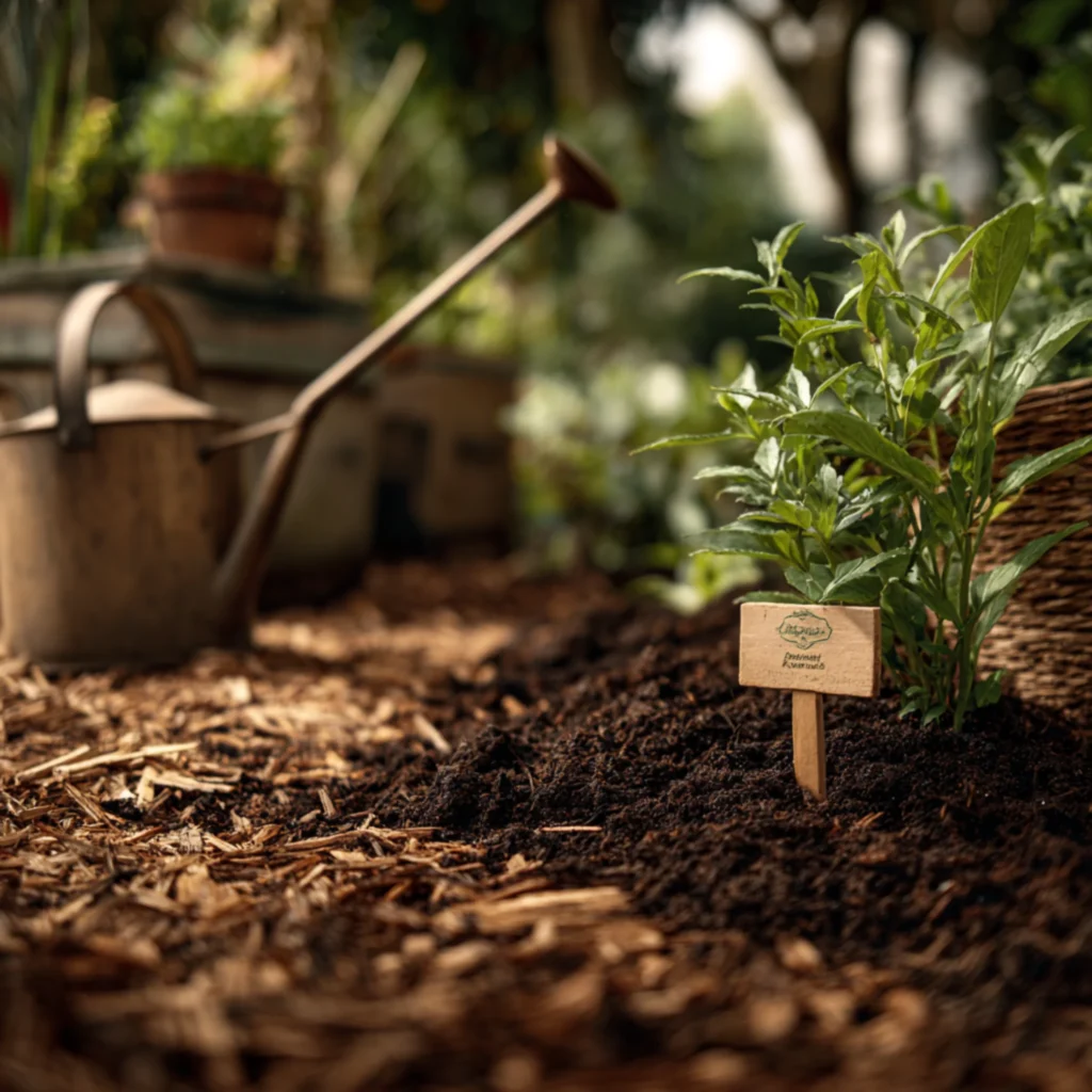 Bambuskylt placerad i jord framför grön planta i naturlig trädgårdsmiljö