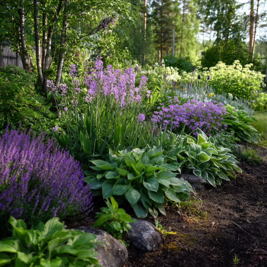 Färgstark perennrabatt med Hosta och blommande växter i svensk trädgård