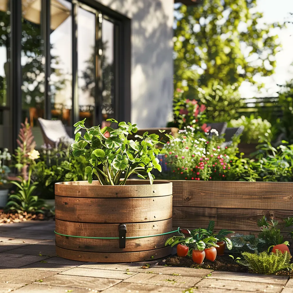 Droppbevattning i kruka och odlingslåda på solig altan