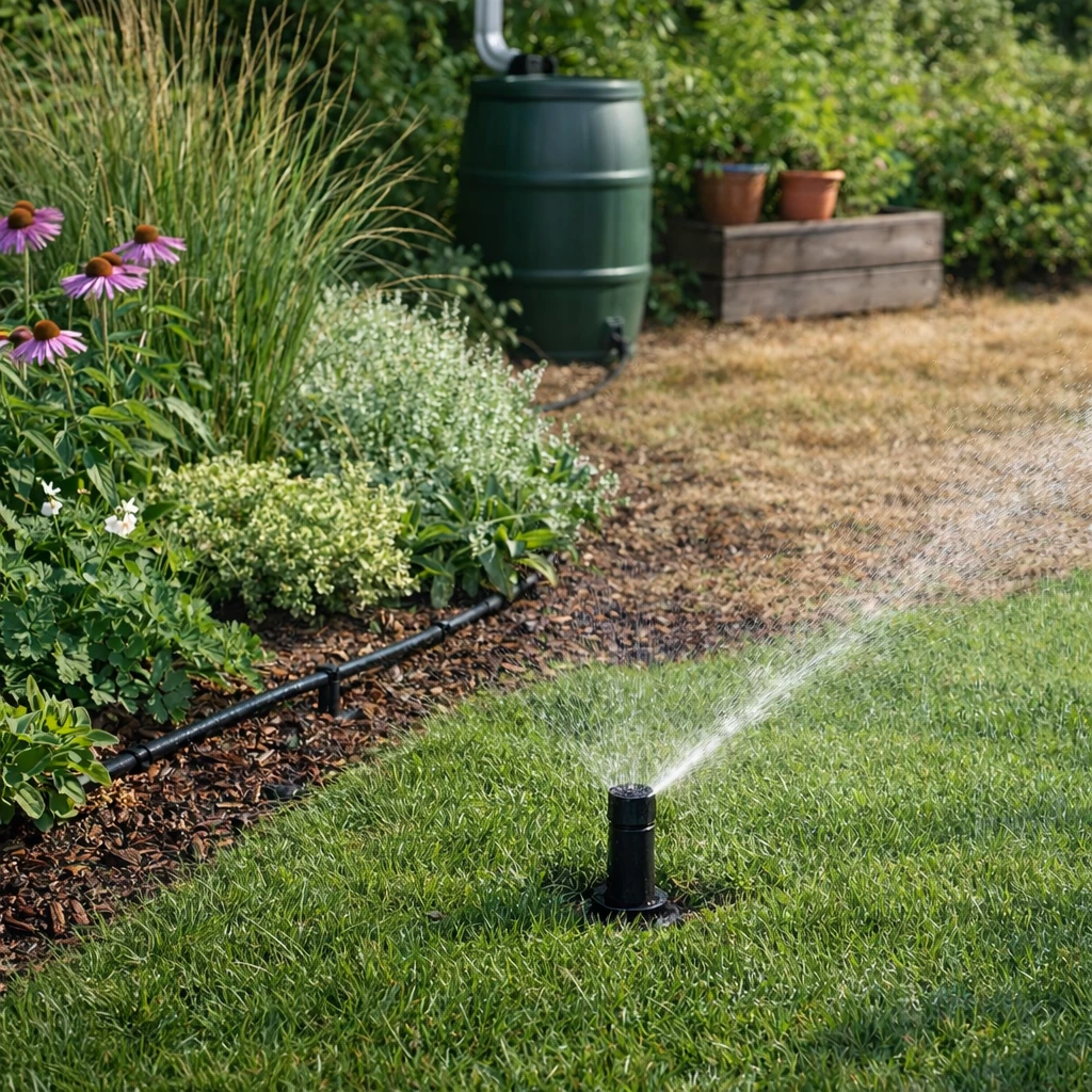 Vatteneffektiv trädgård med droppbevattning i rabatt, popup-spridare på gräsmatta och regntunna kopplad till stuprör i bakgrunden.