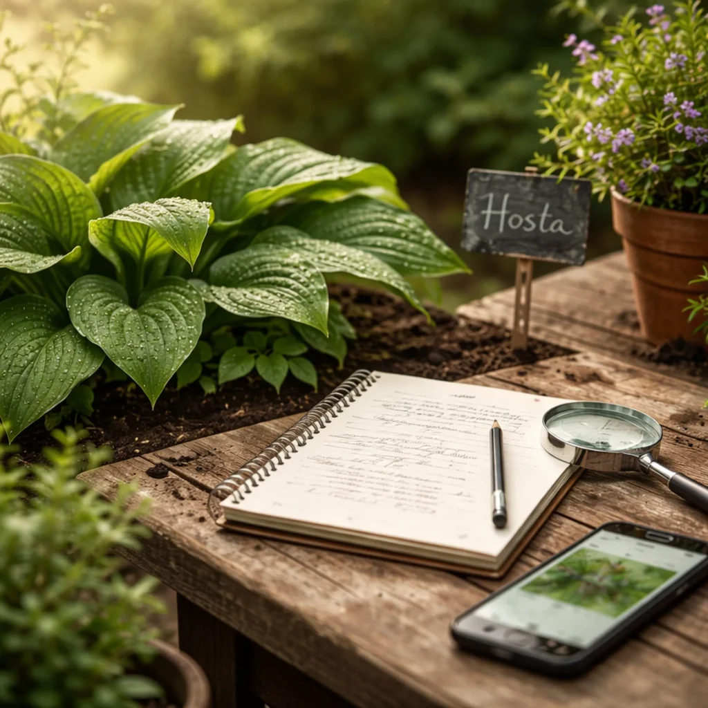 Hosta-planta i trädgårdsrabatt med anteckningsblock, penna, förstoringsglas och mobiltelefon på träbord