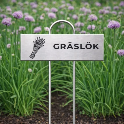 Rostfri växtskylt med gravyr GRÄSLÖK och gräslöksikon placerad i gräslöksodling med lila blommande gräslök.