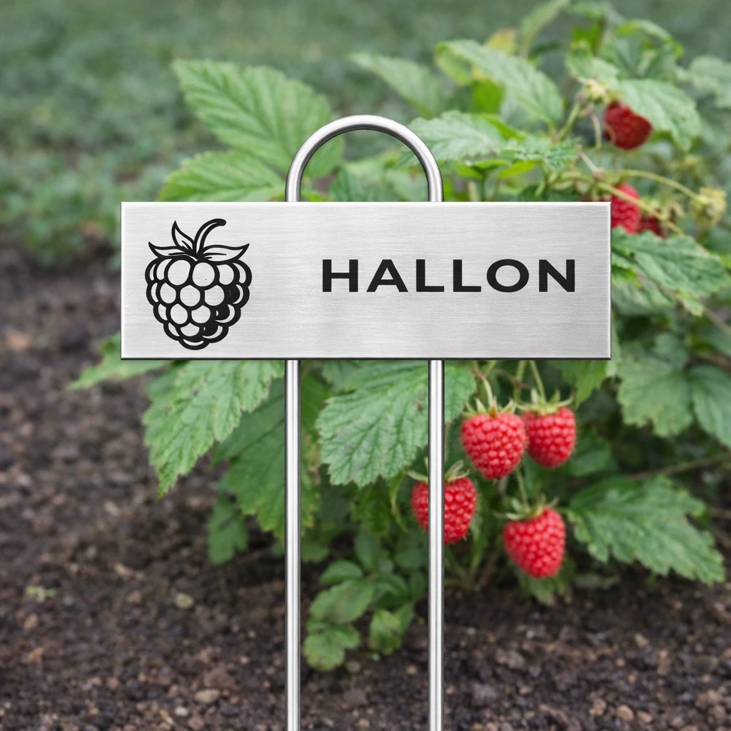 Rostfri växtskylt med gravyr HALLON och hallonikon placerad framför en hallonplanta med röda bär.