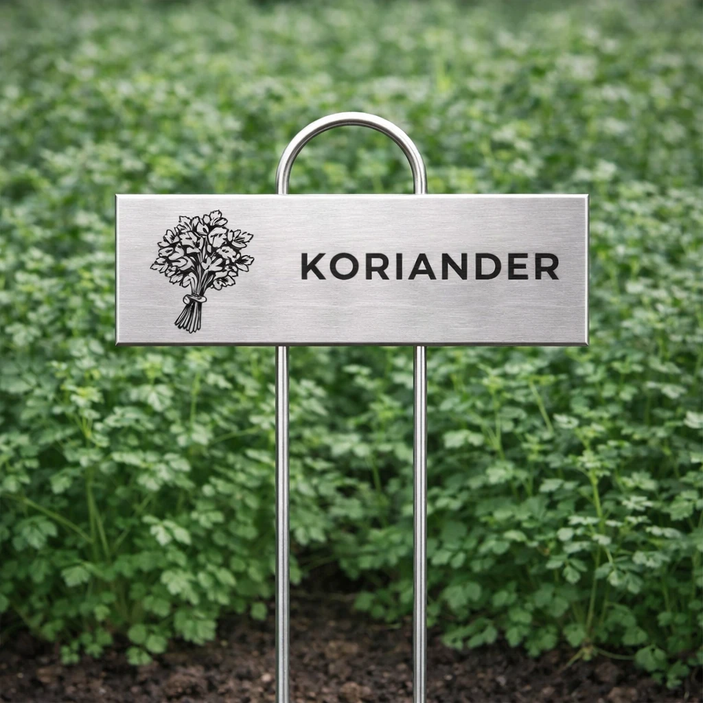 Rostfri växtskylt med gravyr KORIANDER och korianderikon placerad i korianderodling.