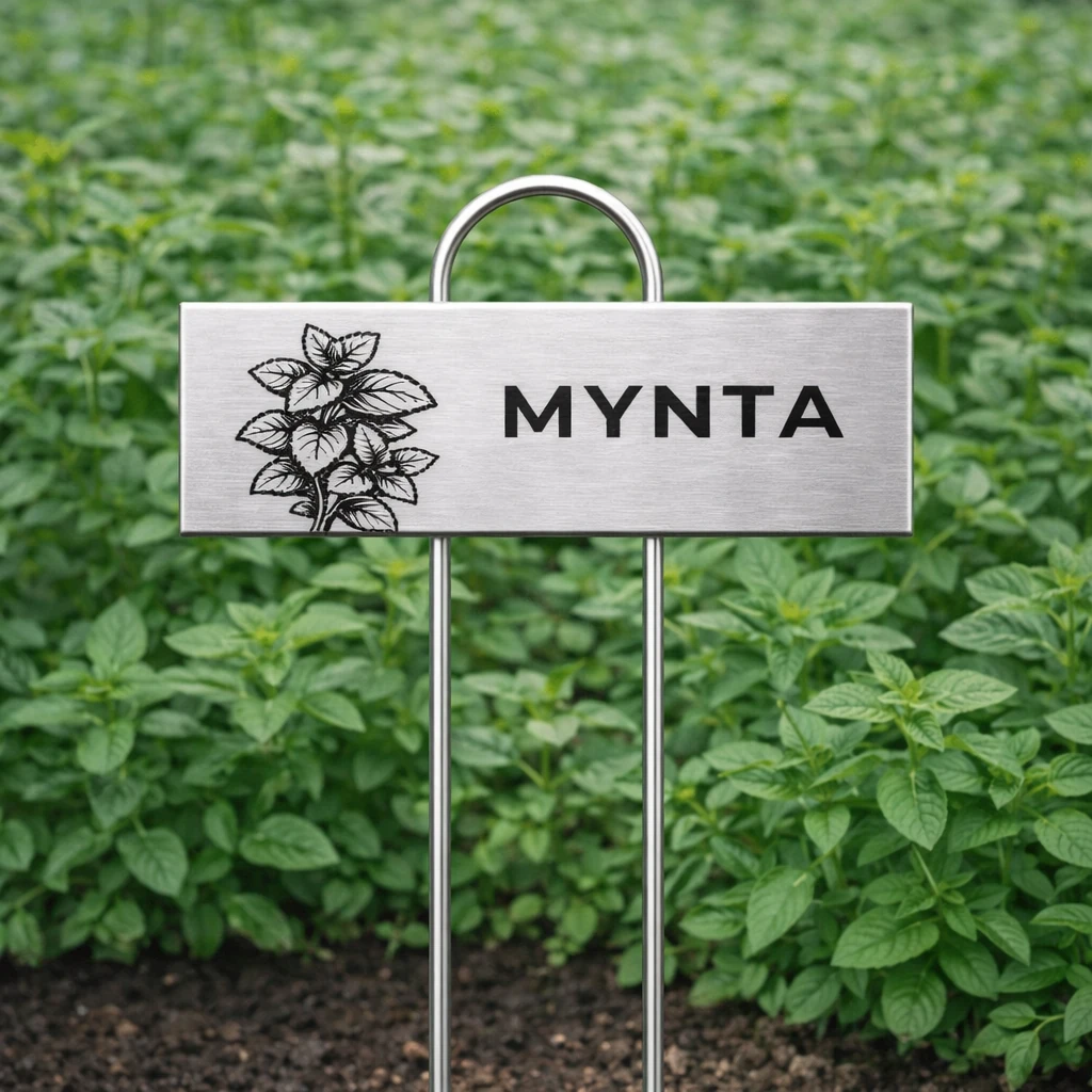 Rostfri växtskylt med gravyr MYNTA och myntaikon placerad i myntabädd.v