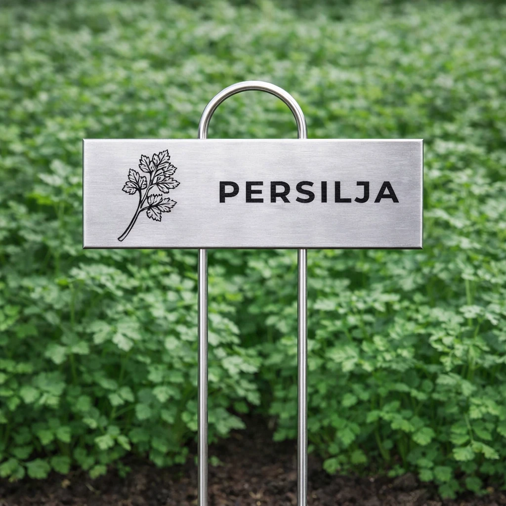 Rostfri växtskylt med gravyr PERSILJA och persiljeikon placerad i persiljeodling.