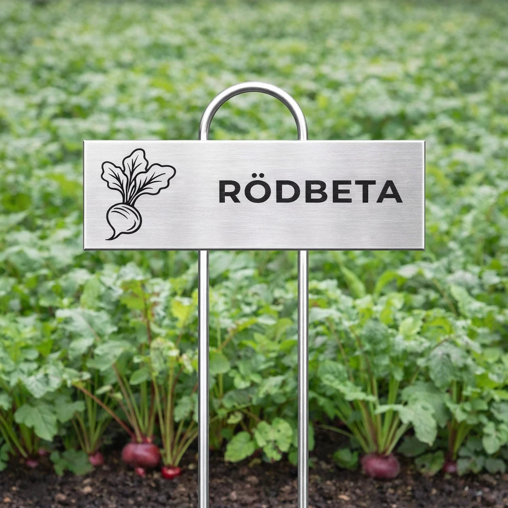 Rostfri växtskylt med gravyr RÖDBETA och rödbetsikon placerad i rödbetsodling.