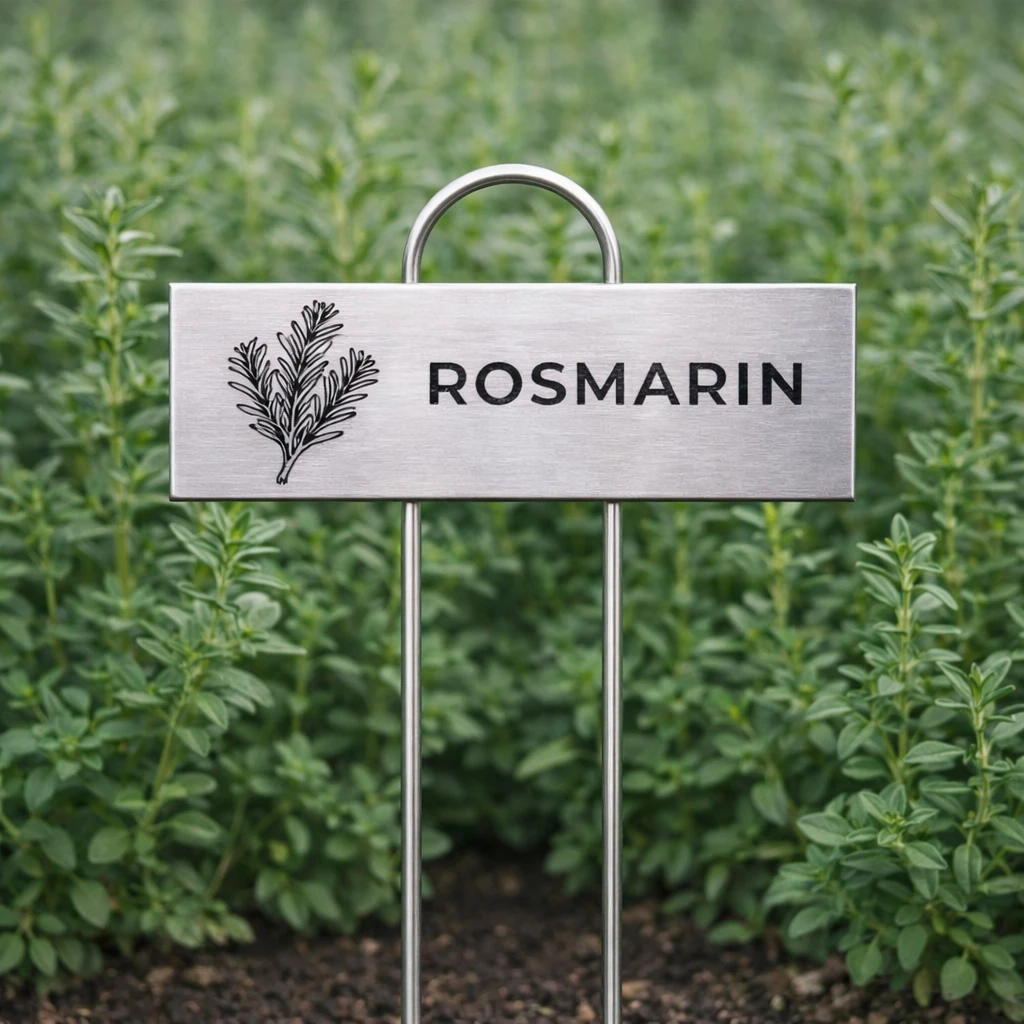 Rostfri växtskylt med gravyr ROSMARIN och rosmarinikon placerad i rosmarinodling.