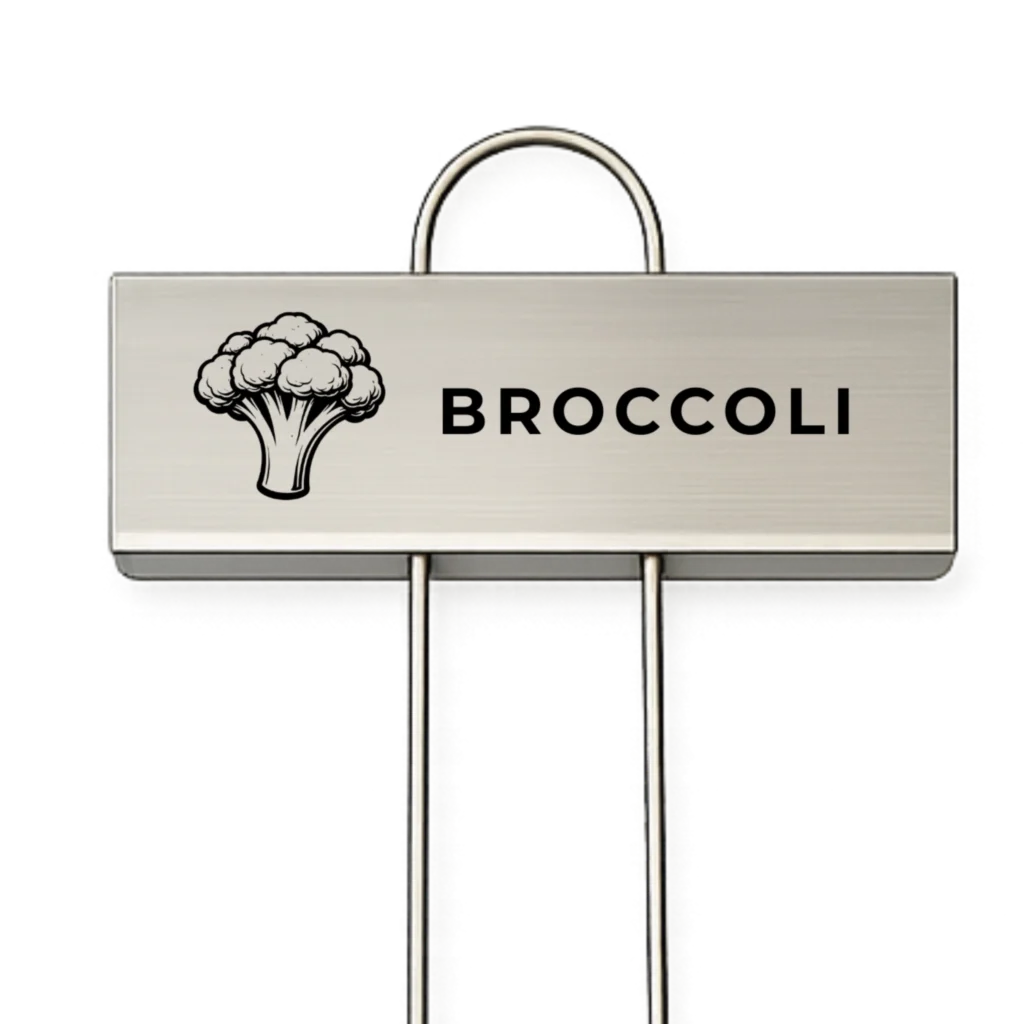 Rostfri växtskylt med texten Broccoli och en graverad broccoliillustration