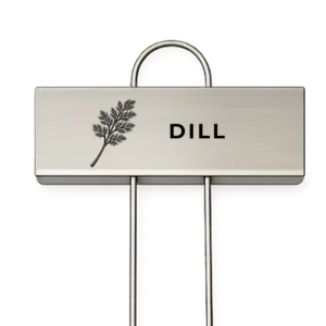 Rostfri växtskylt med texten Dill och en graverad dillkvist