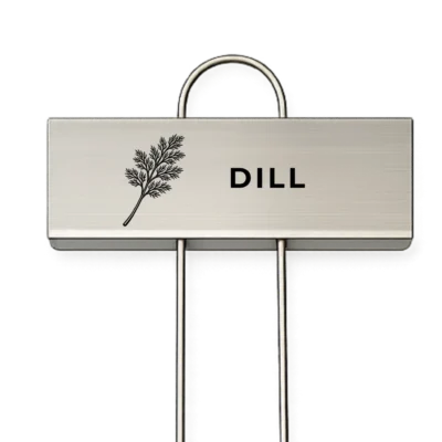 Rostfri växtskylt med texten Dill och en graverad dillkvist