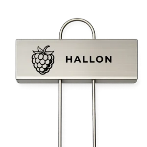 Rostfri växtskylt med texten Hallon och en graverad hallonillustration