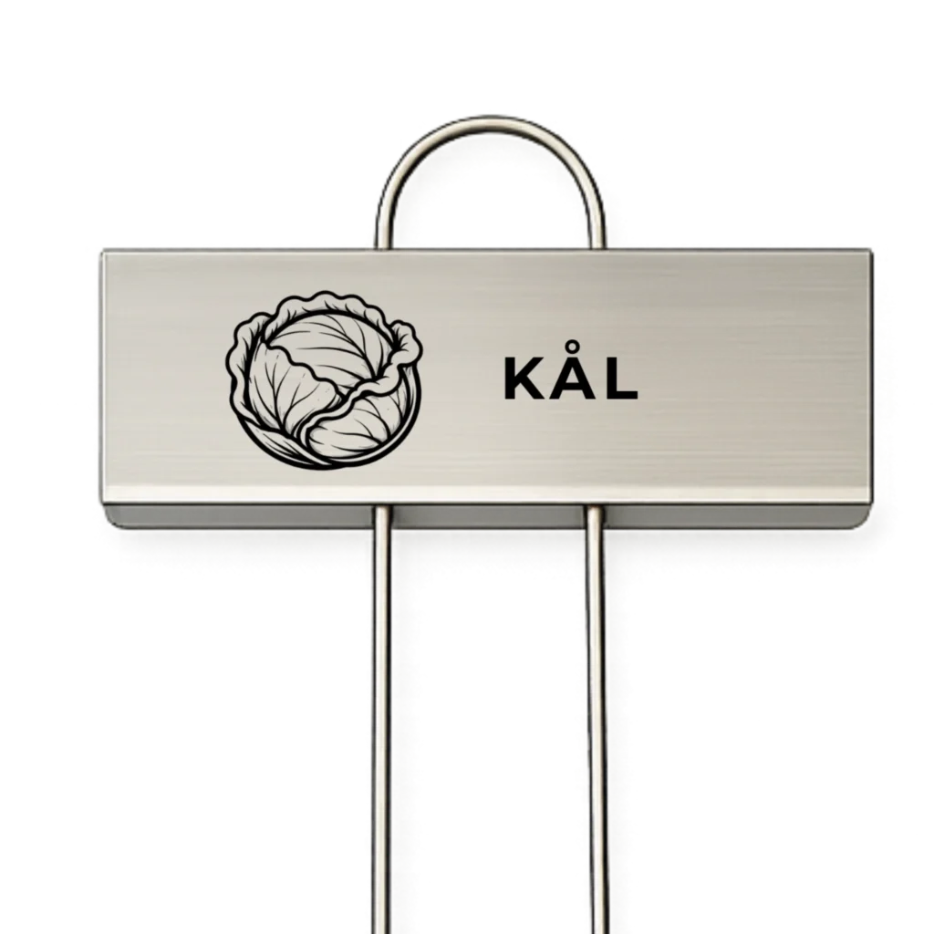 Rostfri växtskylt med texten Kål och en graverad kålillustration