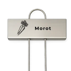 Rostfri växtskylt med texten Morot och en graverad morotsillustration