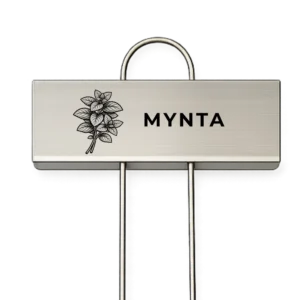 Rostfri växtskylt med texten Mynta och en graverad myntaillustration