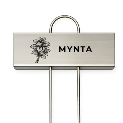 Rostfri växtskylt med texten Mynta och en graverad myntaillustration