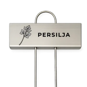 Rostfri växtskylt med texten Persilja och en graverad persiljekvist