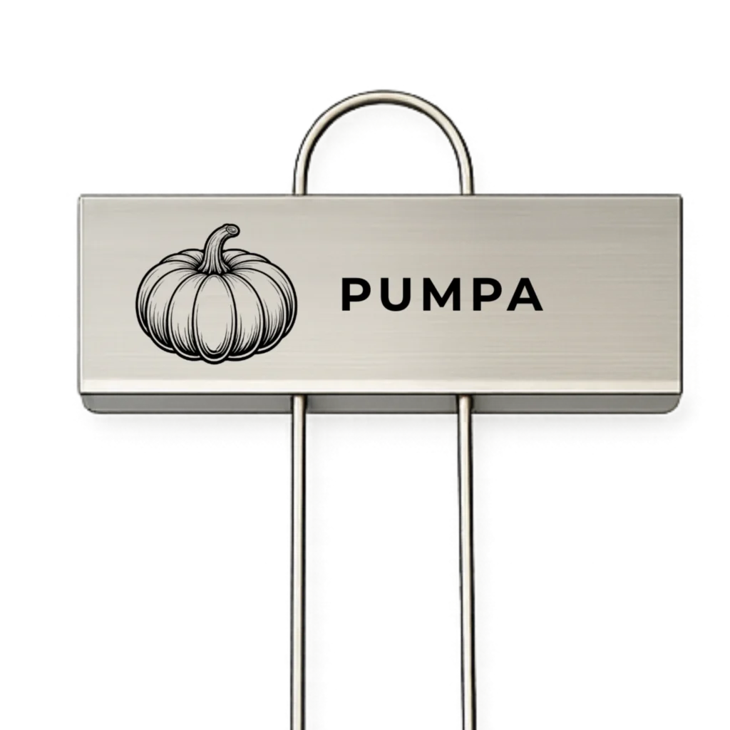 Rostfri växtskylt med texten Pumpa och en graverad pumpaillustration