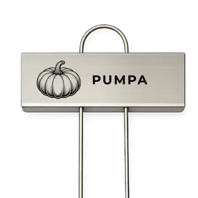 Rostfri växtskylt med texten Pumpa och en graverad pumpaillustration