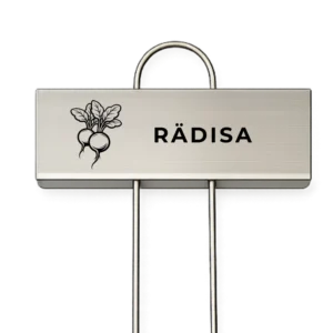 Rostfri växtskylt med texten Rädisa och en graverad rädisaillustration