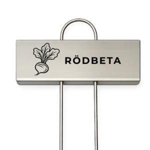 Rostfri växtskylt med texten Rödbeta och en graverad rödbetsillustration