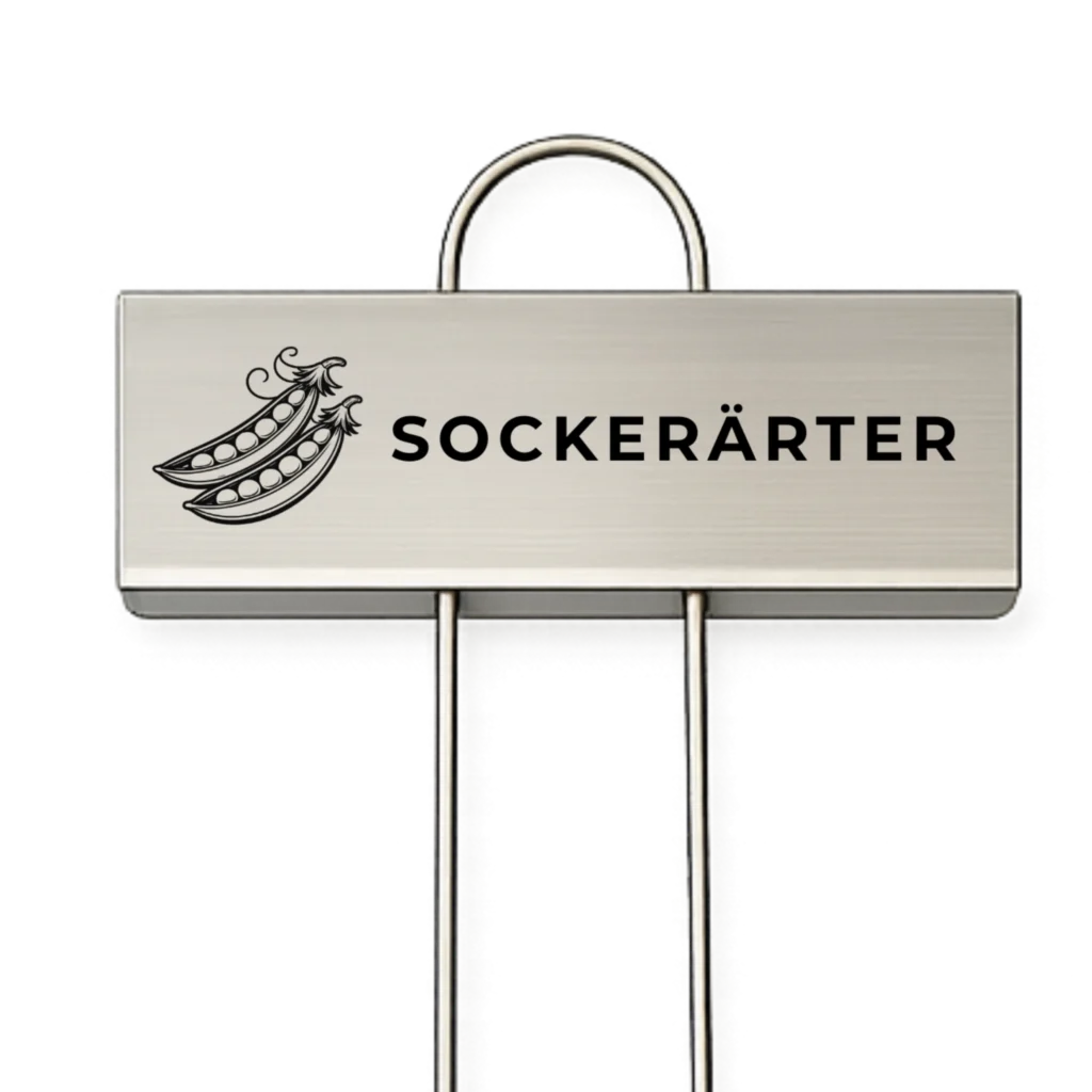 Rostfri växtskylt med texten Sockerärter och en graverad ärtskida